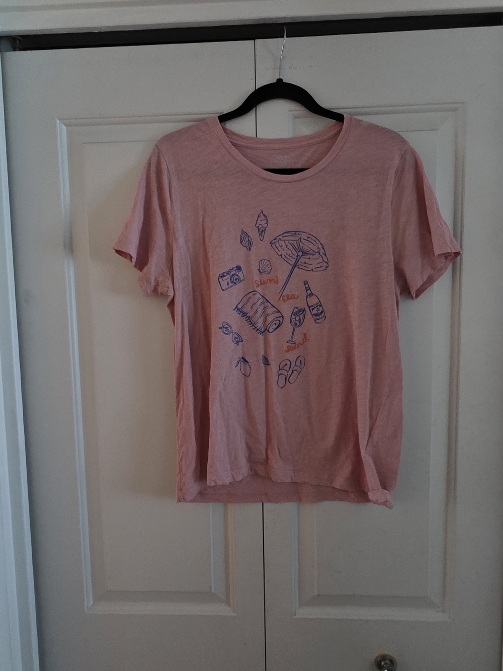 J. Crew Pink Short Sleeve Tee with Blue & Orange Beach Graphic